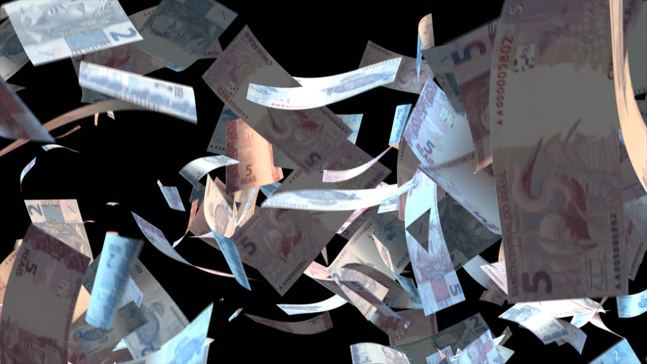 브라질 리얼 지폐가 떨어집니다.