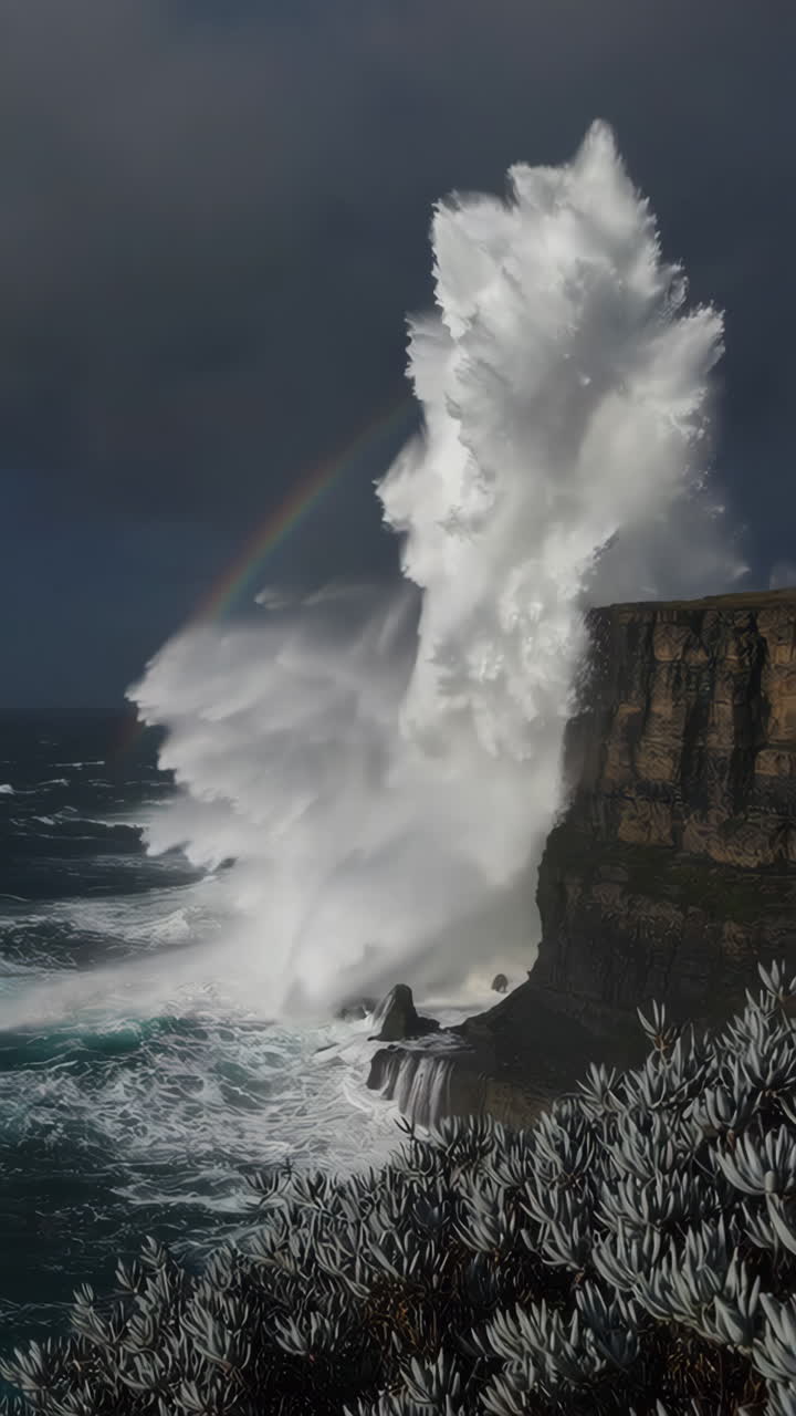 Powerful Waves Crashing Against Cliffs with Rainbow