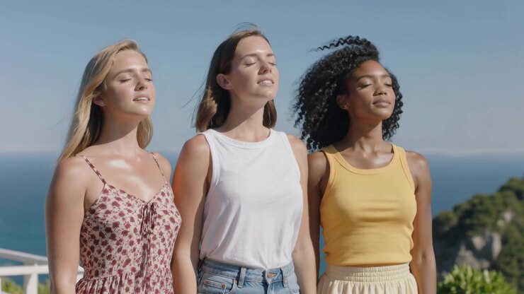 Trio di amici con gli occhi chiusi che si inclinano verso il sole su una terrazza costiera, indossando abiti estivi, con una ringhiera.