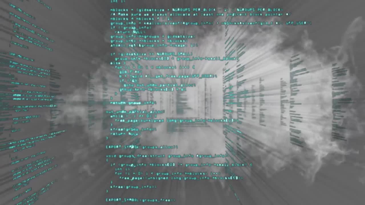 Digital animation of smoke effect over data processing against black background