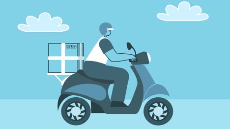 cartoon flat deliveryman rides a motor scooter with cardboard box. flat design cartoon character isolated loop 2d animation with alpha matte