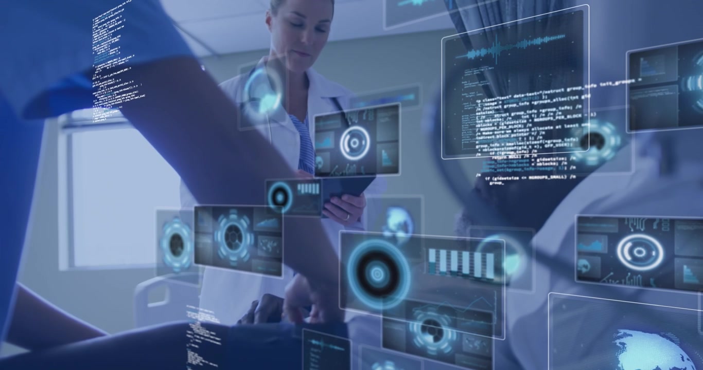 Animation of data processing over caucasian female doctor with patient