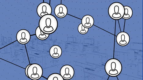 animación de iconos conectados sobre el plano del espacio de trabajo digital contra un fondo azul