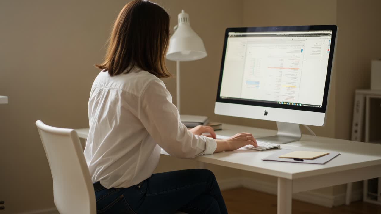 Focused Professional Engaged in Work on Computer Screen, Emphasizing Productivity and Remote Work Environment with Modern Desk Setup