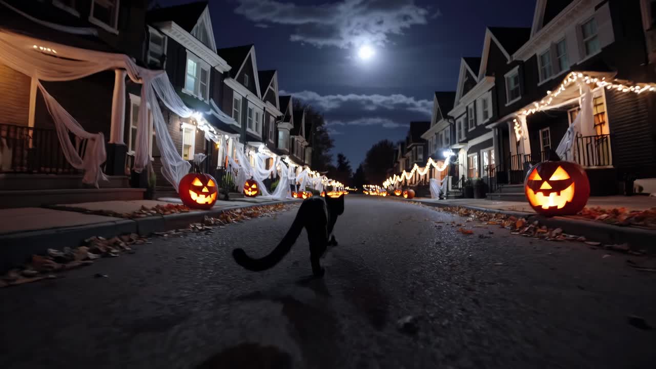 Black cat walks down a decorated street lined with glowing pumpkins and festive lights, creating an enchanting Halloween atmosphere under a full moon