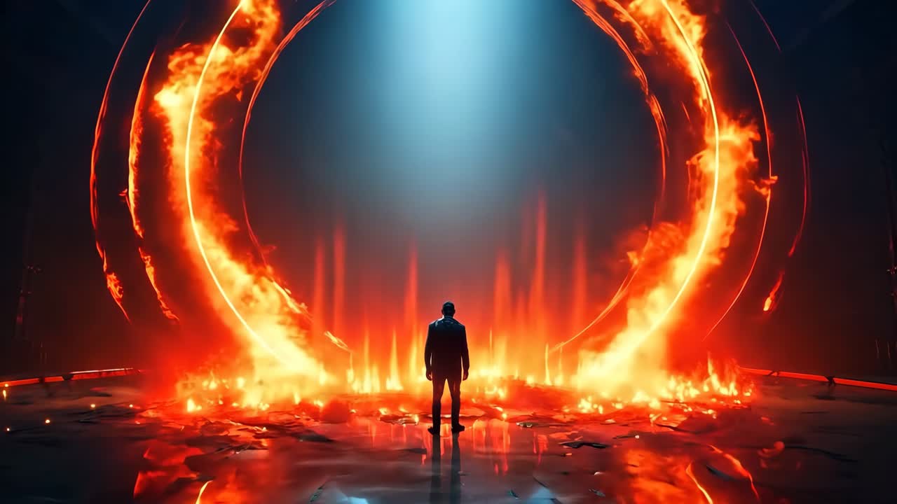 A man standing in front of a large circle of fire