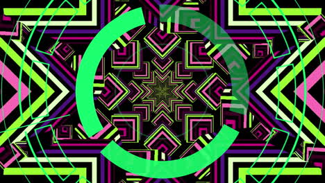 animación de anillo verde sobre formas de estrellas caleidoscópicas verdes, púrpuras y rosas