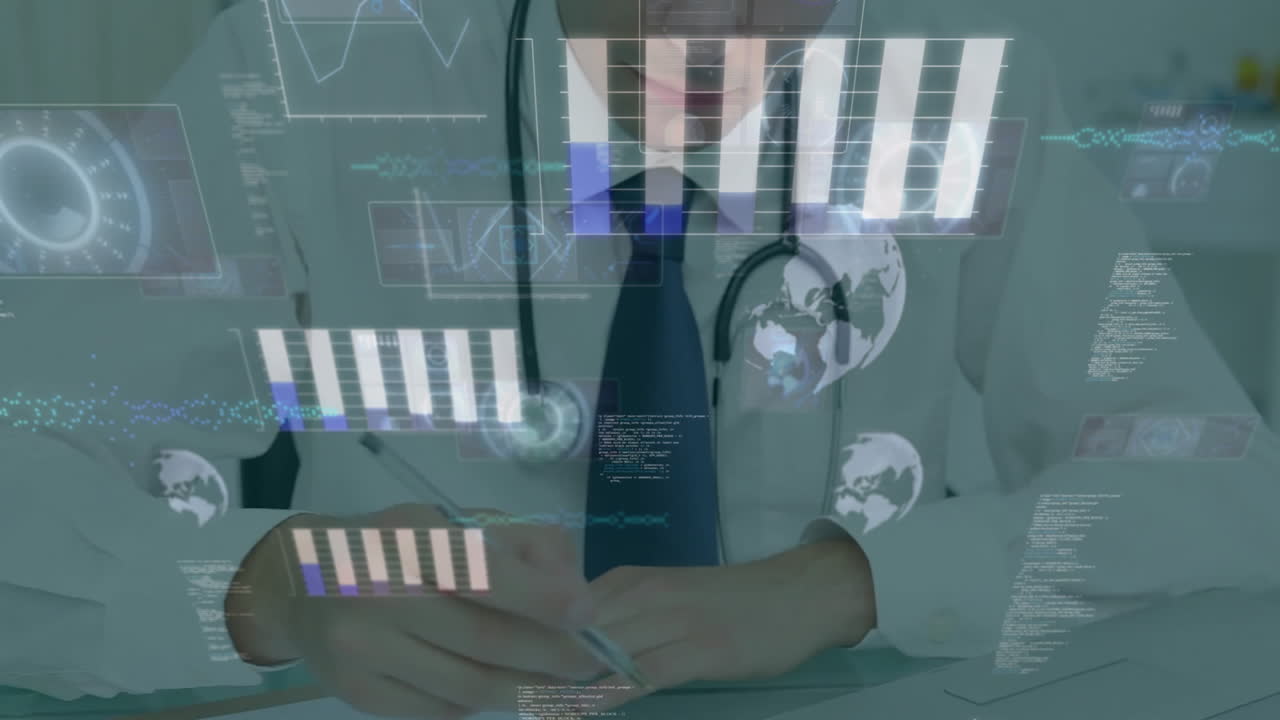 Animation of data processing and diagrams over caucasian male doctor writing