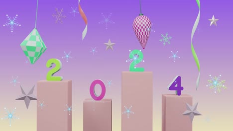 animation of snowflakes over 2024 text and decorations on purple background