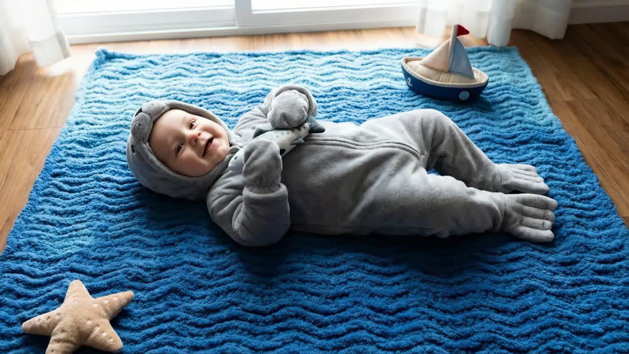 Bambino in costume da foca su tappeto blu