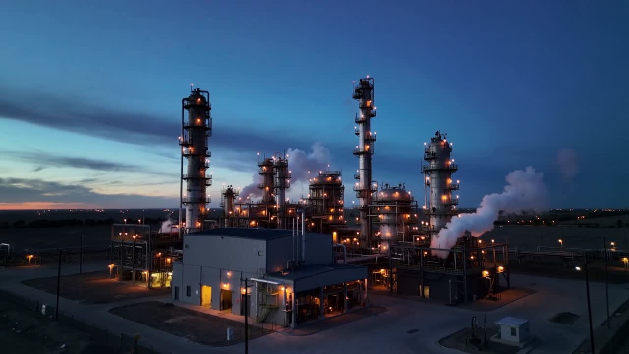 Camera stabilizing and capturing light shifts over twilight refinery, towers emitting steam plume