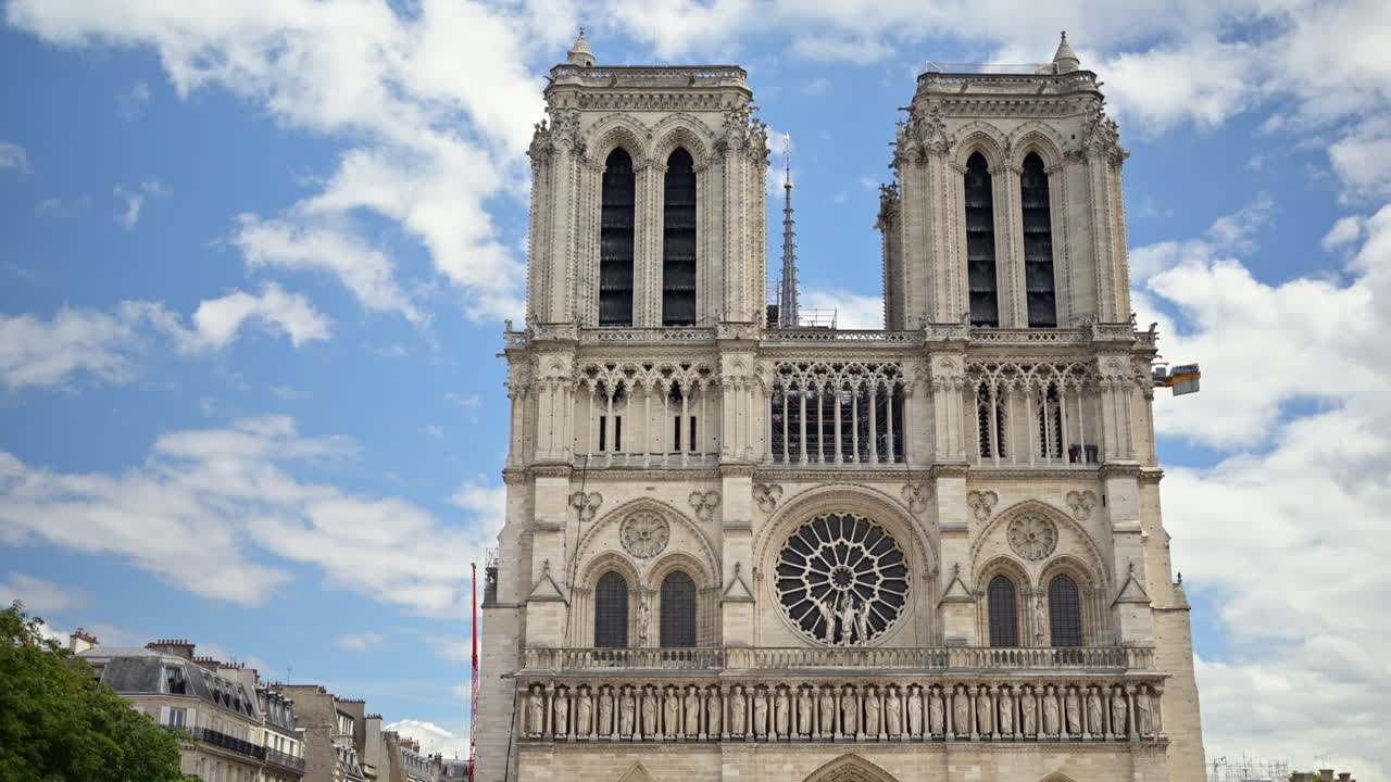 Side view of the Cathedrale Notre-Dame de Paris in France with the blue sky on the background