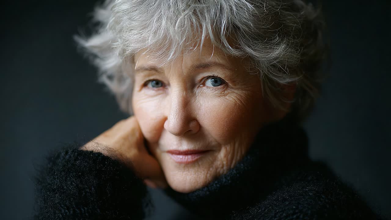 Exploring the Depth of Grace and Wisdom: A Captivating Portrait of an Elderly Woman with Soft Features and a Warm Smile Against a Dark Background