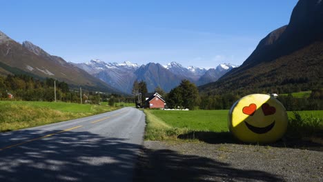 a unique hay ball with an emoji design in a farm land in norway near a mountain range