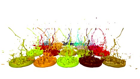 3d splashes of paint dance in 4k on white background. simulation of splashes of ink on a musical speaker that play music. v4