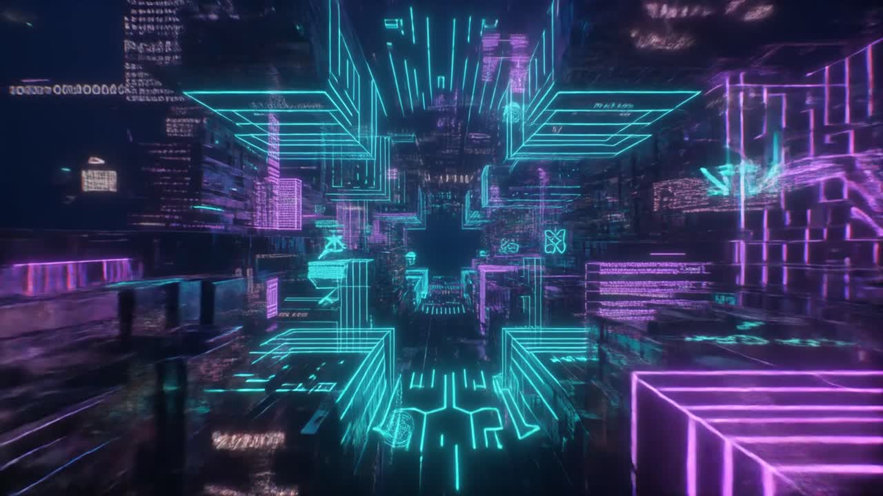 Flying Through a Futuristic Neon Digital Cyberspace Network