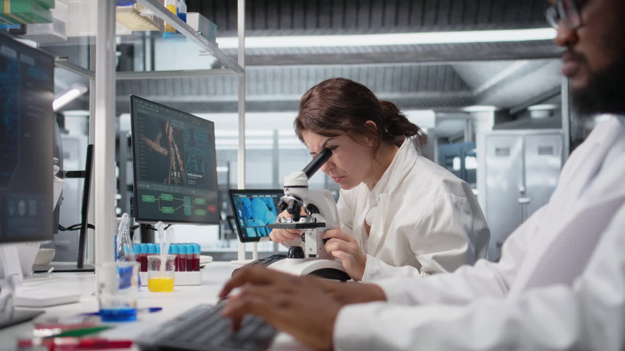 Vertical video Zoom in on histology technician in lab using scientific microscope