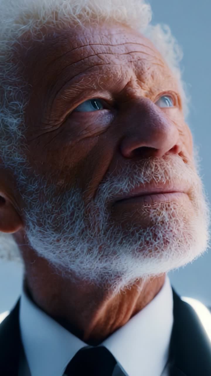A Wise Elderly Man in Formal Attire Reflects on Life with Intense Eyes Full of Experience and Knowledge, Captured in Thoughtful Poses Under Soft Lighting