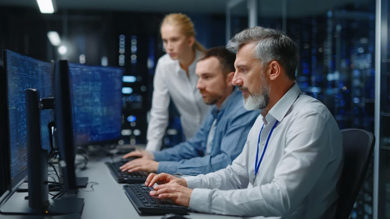 Team of Professionals Collaborating in a Modern Office Environment, Analyzing Data on Computer Screens While Engaged in a Critical Project