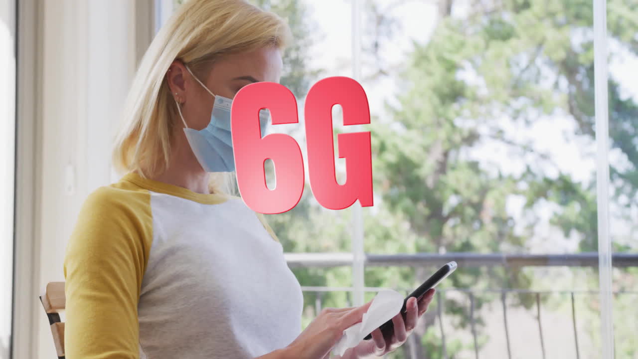 Wearing mask, woman using smartphone with 6G animation in background