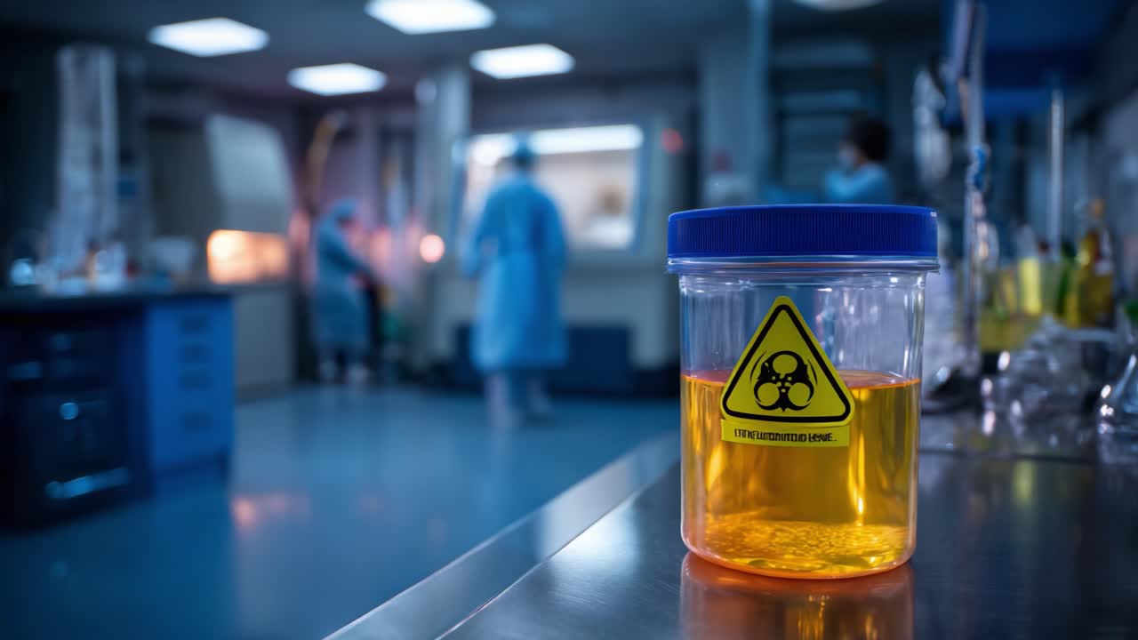 Campione contaminato e scena di laboratorio che mostra avvisi di rischio biologico, con scienziati che lavorano diligentemente sullo sfondo ad attività di ricerca potenzialmente pericolose