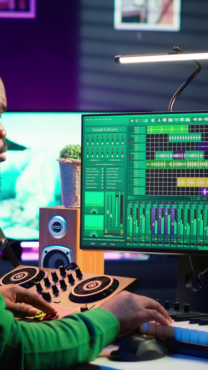 Male Music Producer Mixing Audio in Home Studio with DJ Controller
