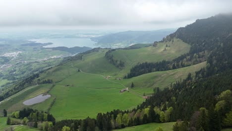 Aerial-approaching-shot-of-lake-Zugersee-with-green-idyllic-mountains-in-Switzerland