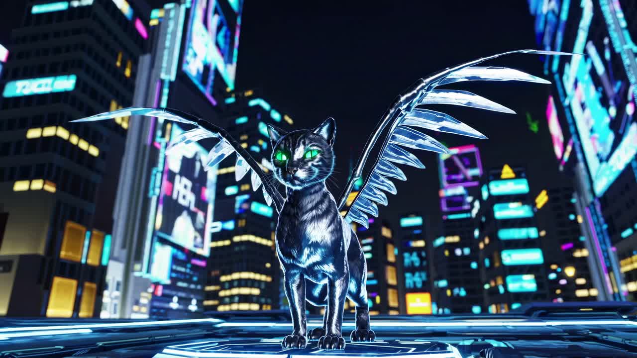 Cyberpunk Cat with Mechanical Wings in a Futuristic Cityscape