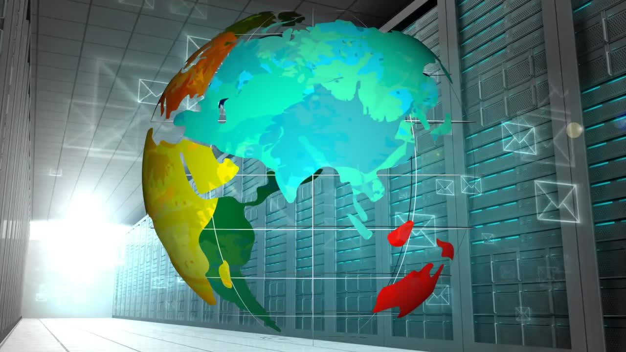 animación de globos y iconos digitales a través de servidores informáticos