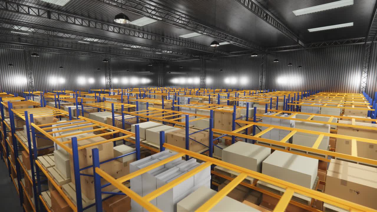 almacén con cajas de cartón en el interior en estantes de paletas, centro logístico. loft almacén moderno. cajas de cardboard en una cinta transportadora en un almacén, animación de renderización 4k 3d.