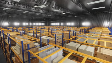 almacén con cajas de cartón en el interior en estantes de paletas, centro logístico. loft almacén moderno. cajas de cardboard en una cinta transportadora en un almacén, animación de renderización 4k 3d.