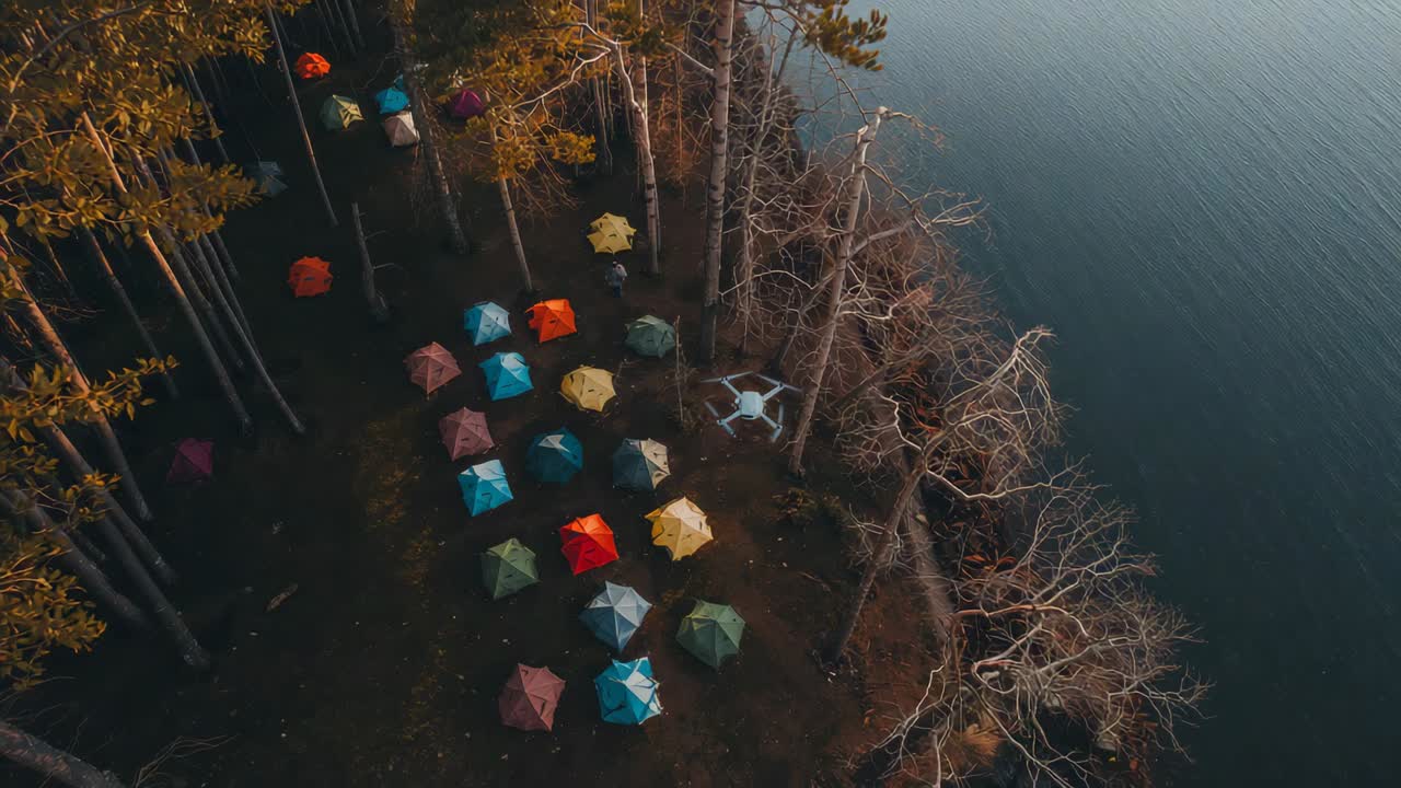 Drone quadricottero bianco in volo che si avvicina all'area campeggio sulla riva del lago, inquadrando tende a cupola colorate
