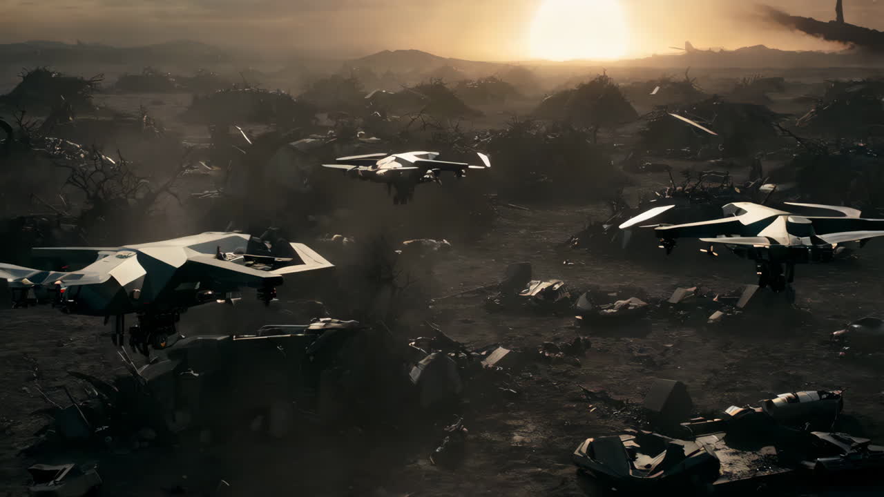 Guerra de drones en un atardecer desértico post-apocalíptico