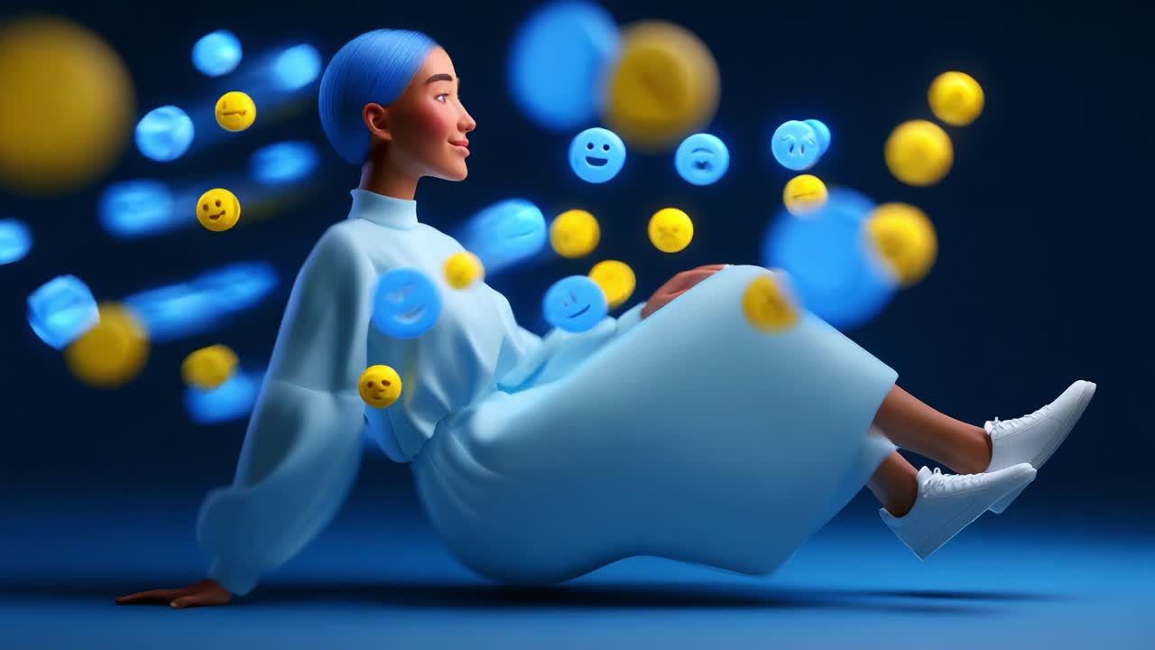 A woman in a light blue outfit sits gracefully against a dark blue backdrop, surrounded by floating emojis and colorful spheres, displaying a joyful and serene expression, embodying positivity and happiness