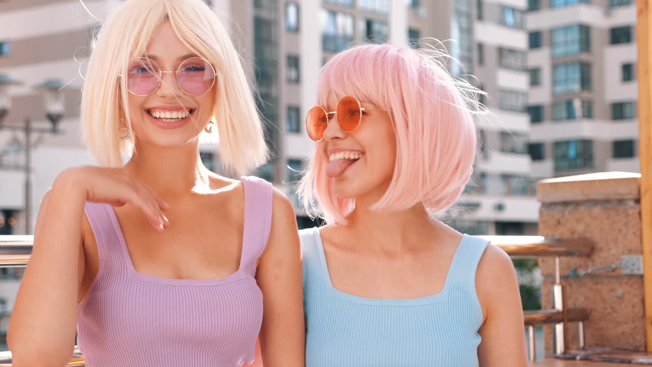 도시에서 웃는 두 여인