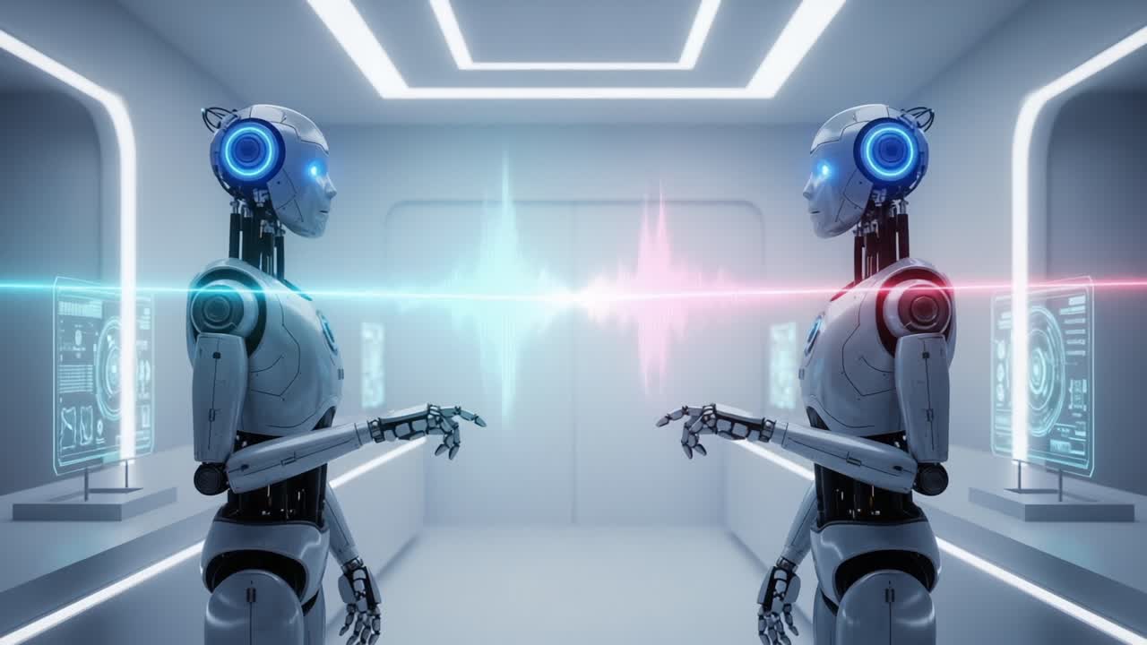 Futuristic Communication Between Two Humanoid Robots in a High-Tech Environment Showcasing Digital Interaction with Sound Waves and Advanced Technology