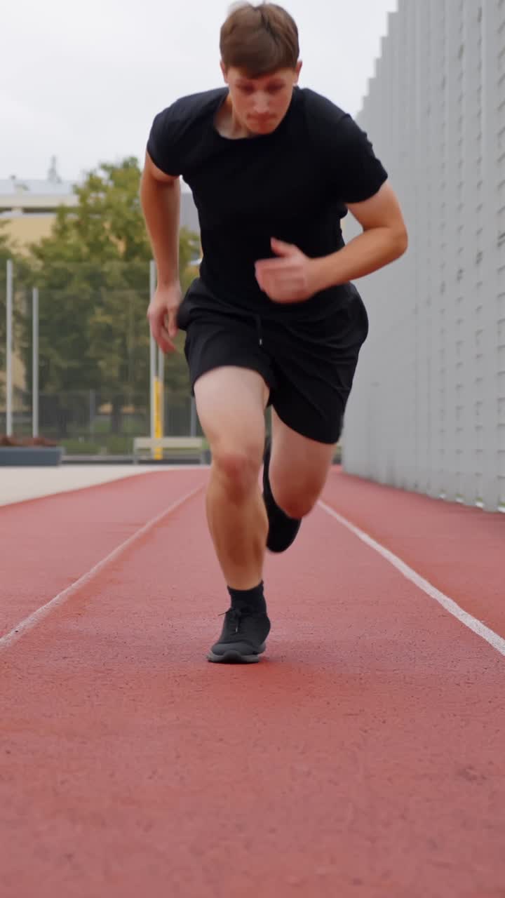Young male athlete in black sportswear ready to sprint, focuses energy and muscles on the red running track of an urban city stadium during solo fitness session in daylight, slow motion vertical shot