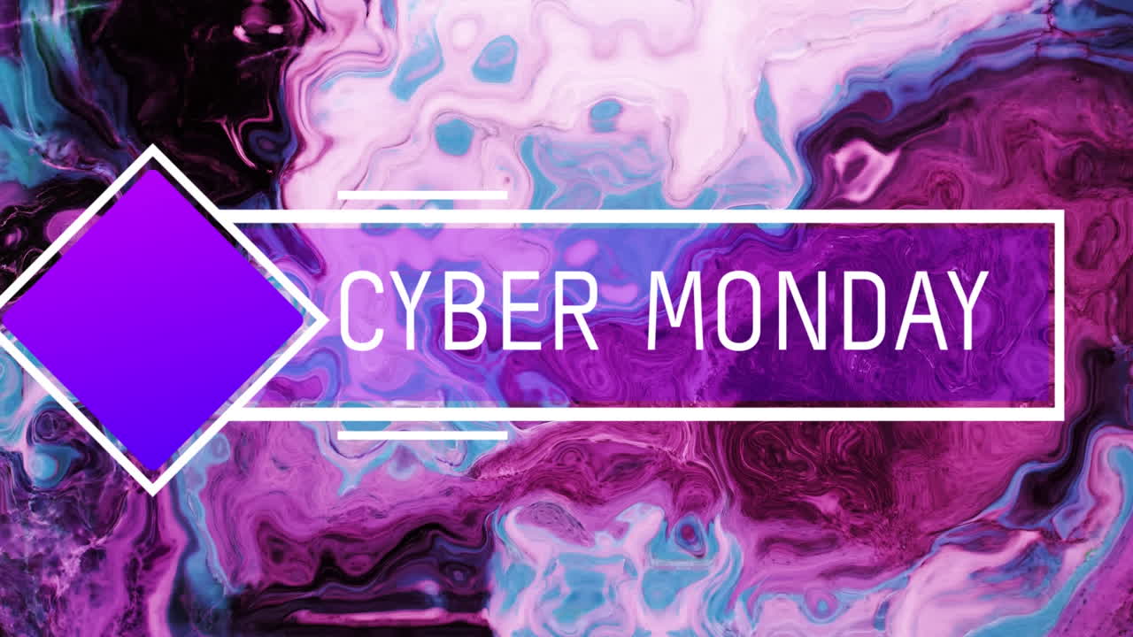 Animasi teks "Cyber Monday" pada spanduk ungu, di atas pusaran merah muda dan abu-abu