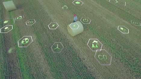 mature man examining hay bale in harvested field, showcasing hexagonal renewable energy icons
