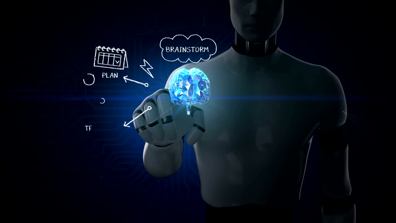 robot tocando el icono de tormenta de ideas, concepto de cerebro digital. inteligencia artificial. película en 4k. 2.