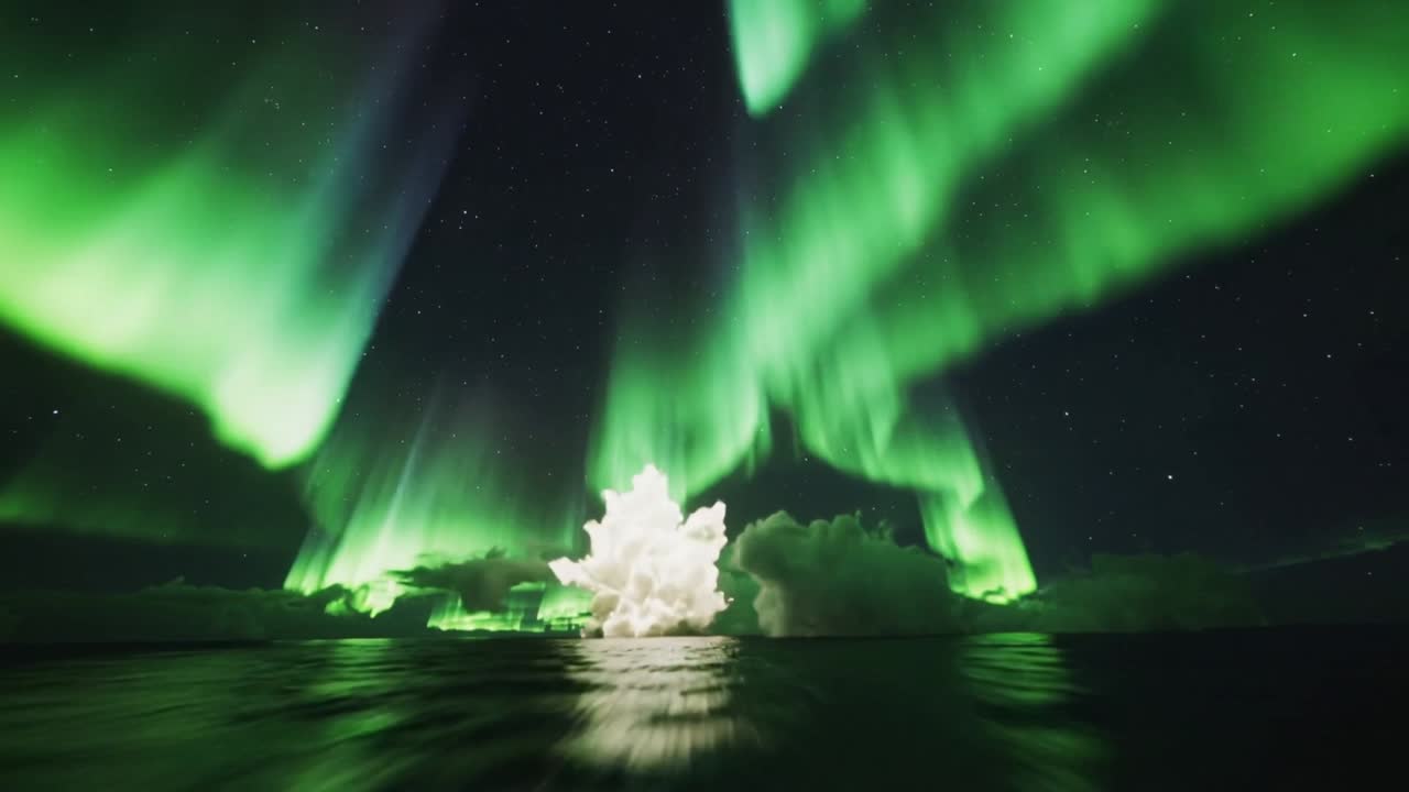 Cortine aurorali verdi che si estendono e si spostano sopra un mare calmo a causa del vento solare, illuminando le nuvole basse.