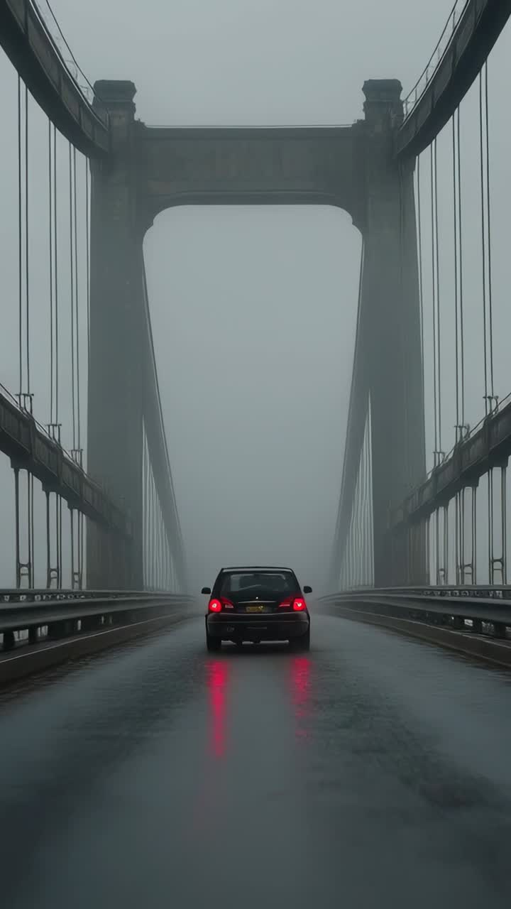 Video verticale: auto a due volumi scura che entra in un ponte nella nebbia, luci posteriori che si riflettono sulla strada bagnata