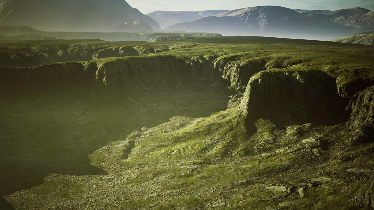 Twilight canyon landscape with lush greenery and distant mountains