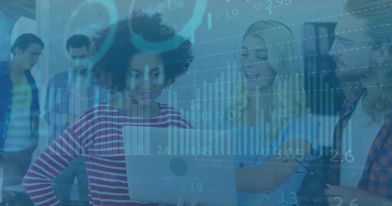 Animation of statistical data processing over three diverse colleagues discussing over a laptop