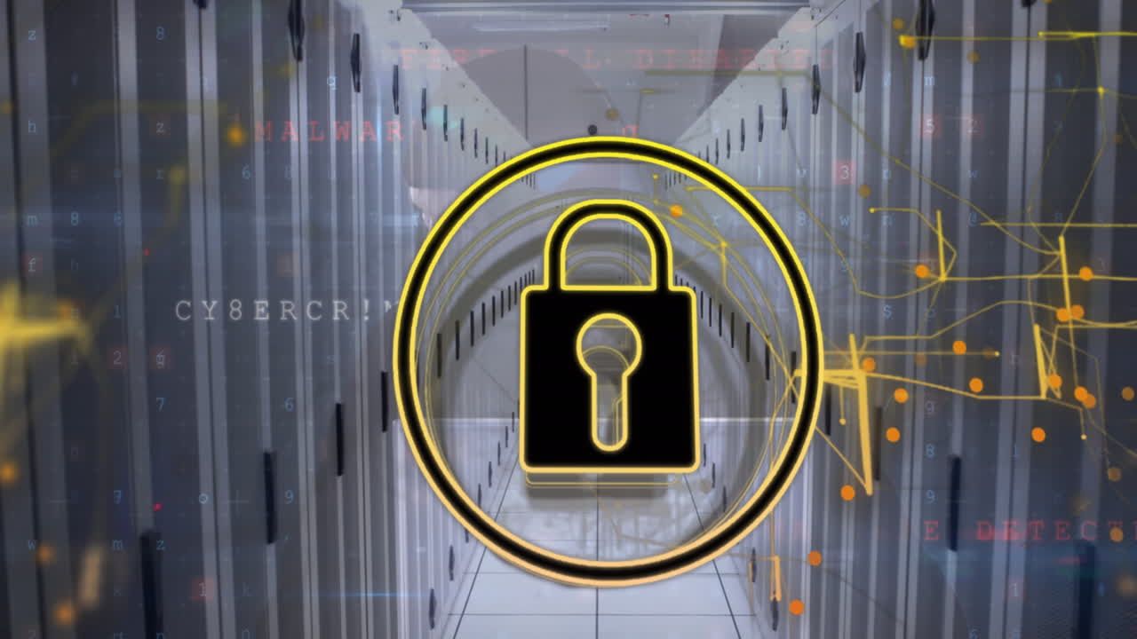 Animation of security padlock icon and cyber security data processing against computer server room