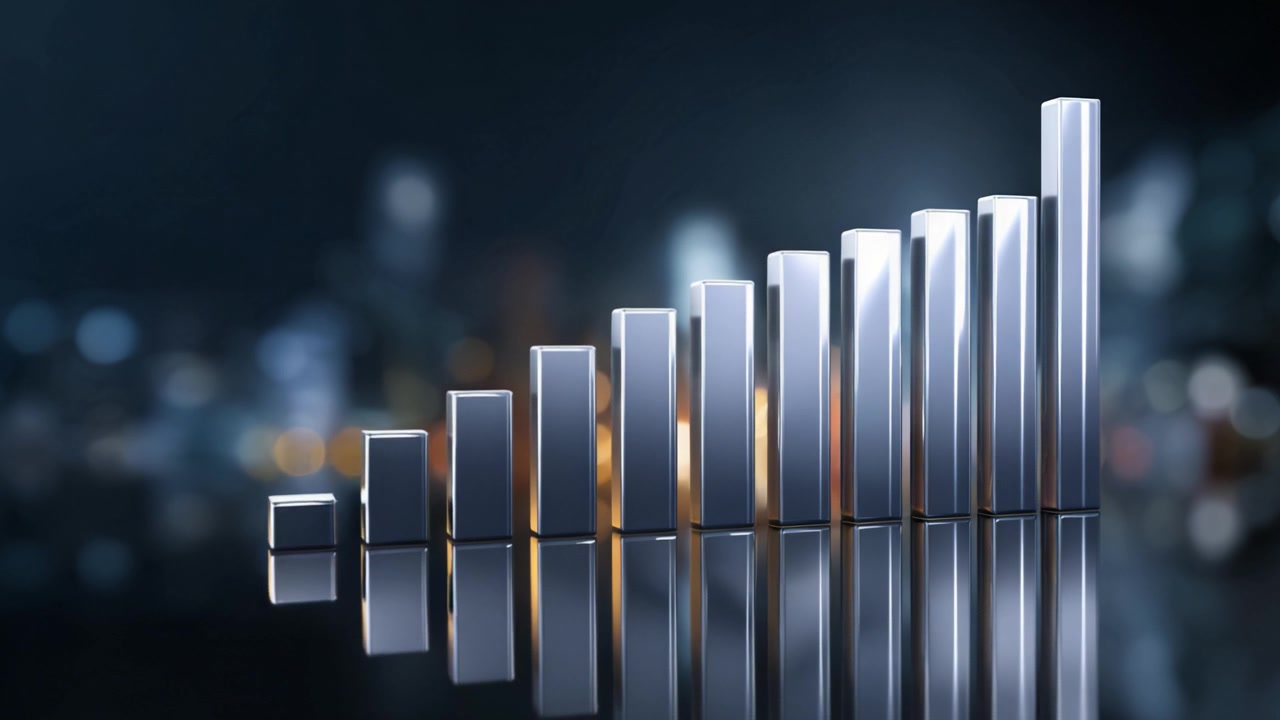Visual Representation of Growth: A Glimmering Graph Showcasing Steady Increase with Shiny Bars Against a Blurred City Background, Symbolizing Progress and Success