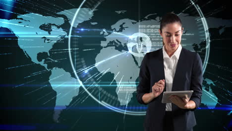 young biracial businesswoman using tablet with worldmap background