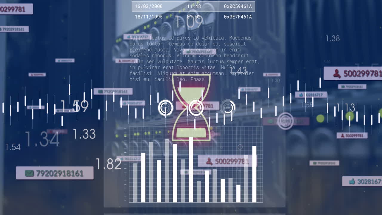Animation of interface with data processing and spinning hour glass ...