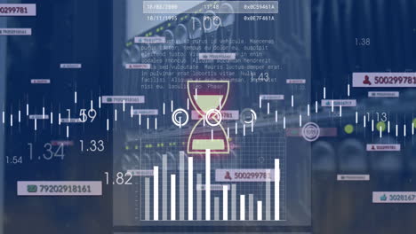 Animation-of-interface-with-data-processing-and-spinning-hour-glass-over-close-up-of-computer-server