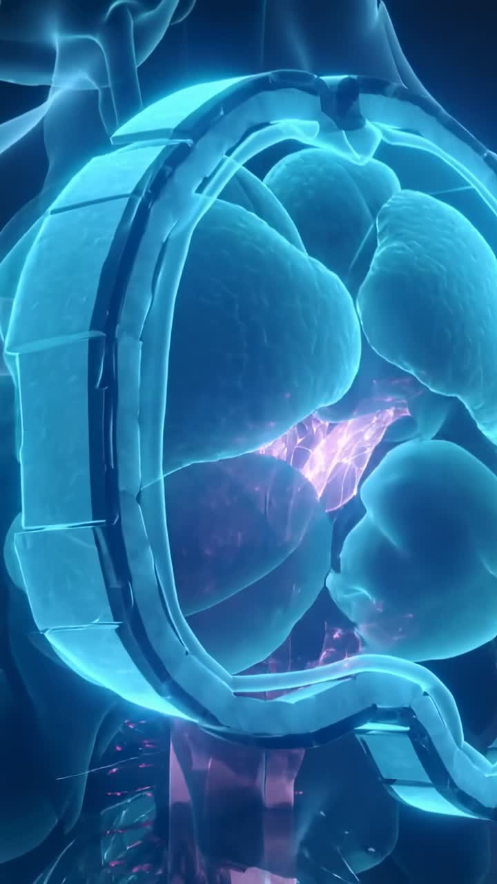Vertical video: Rotating ring entering right and camera panning showing trachea lungs heart in CGI